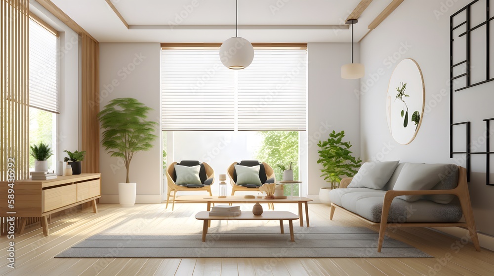 Fototapeta premium Discover stunning home interior designs in Japanese style with wall mockup in living room background through this captivating digital illustration. Generative AI