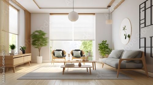 Discover stunning home interior designs in Japanese style with wall mockup in living room background through this captivating digital illustration. Generative AI