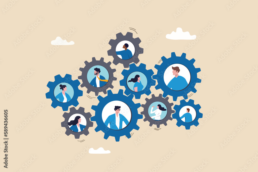 Team or organization, office role or job position or skills to drive company, teamwork or collaboration for success, team effort concept, business people working to rotate connected cogwheels gear. - obrazy, fototapety, plakaty 