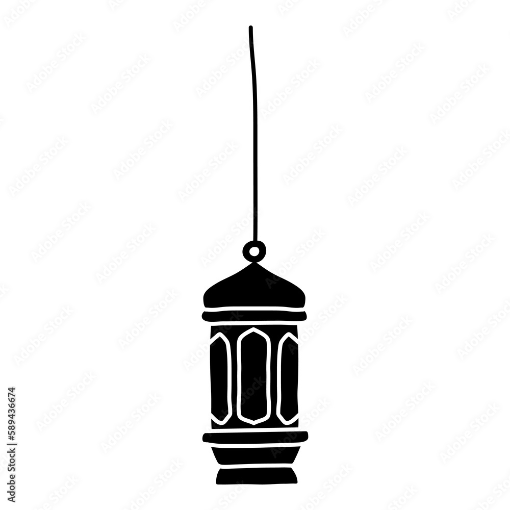 hand drawn silhouette of hanging lantern and crescent moon with cable glyph vector illustration hand drawn silhouette of hanging lantern and crescent moon with cable glyph vector illustration