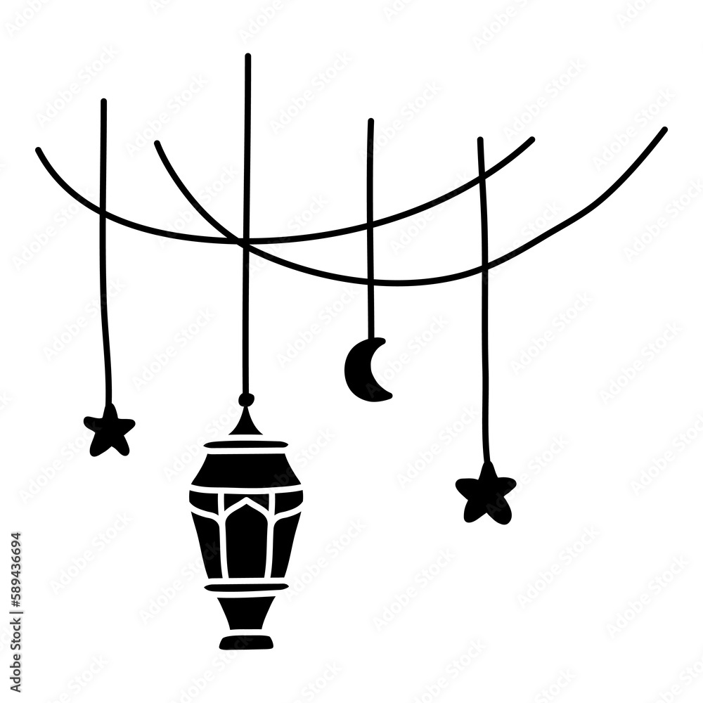 silhouette of light bulb with star and crescent moon and decoration cable as ornament for ramadan and eid celebration event day