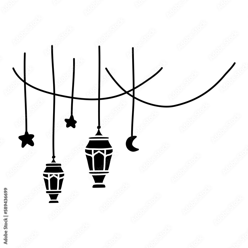 illustration of a lantern and crescent moon and star with decoration cable glyph style illustration for ramadan and eid event day