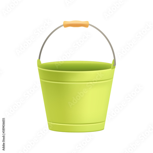 Green metal bucket for gardener or farmer 3D illustration. Equipment or container for fresh vegetables or water in 3D style on white background. Farming, gardening, agriculture, harvest concept