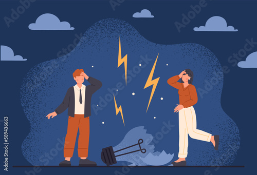 Idea crashed concept. Man and woman stand and hold their heads near broken light bulb. Entrepreneurs near failed startup or business project. Broken creativity. Cartoon flat vector illustration
