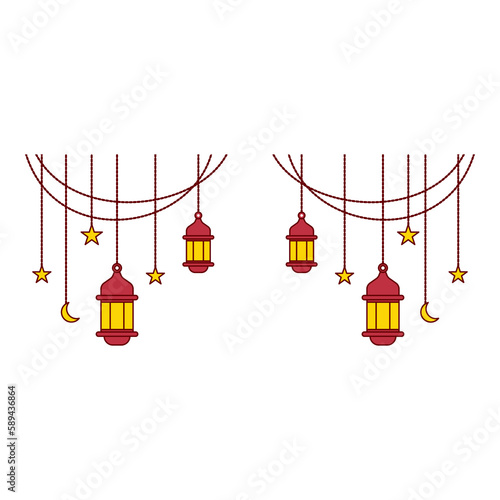 symmetrical of set shining red hanging lamp with crescent moon and star with flat design style illustration as decoration or ornament