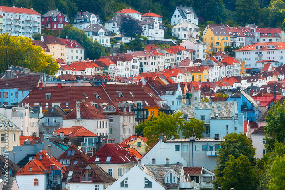 Norway, Bergen, Hordaland houses city panorama