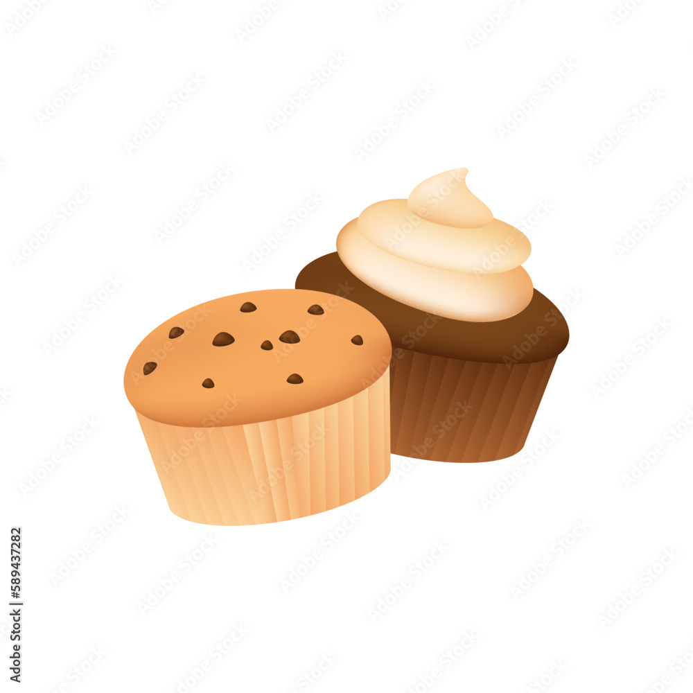 Muffin and cupcake with chocolate and cream 3D illustration. Cartoon drawing of tasty snacks in 3D style on white background. Bakery or confectionery, food, dessert concept Muffin and cupcake with chocolate and cream 3D illustration. Cartoon drawing of tasty snacks in 3D style on white background. Bakery or confectionery, food, dessert concept