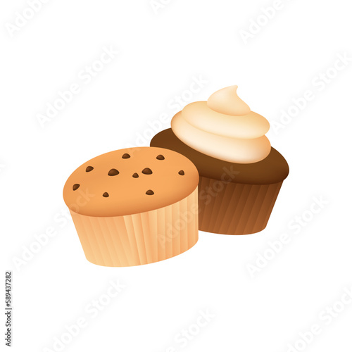 Muffin and cupcake with chocolate and cream 3D illustration. Cartoon drawing of tasty snacks in 3D style on white background. Bakery or confectionery, food, dessert concept