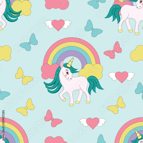 Seamless pattern with unicorn and rainbow.