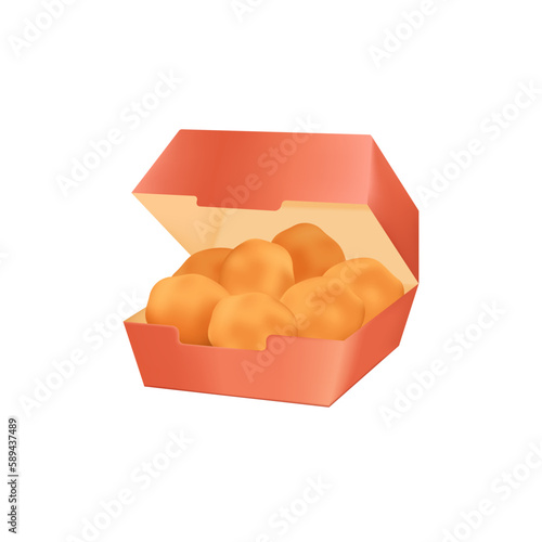 Red box with chicken nuggets 3D illustration. Cartoon drawing of container with chicken meal in 3D style on white background. Street or fast food, snacks concept