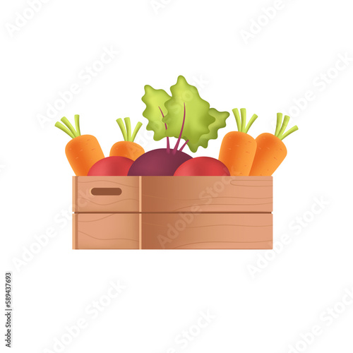 Wooden crate with fresh vegetables 3D illustration. Cartoon drawing of harvest or organic food in basket from wood in 3D style on white background. Gardening, farming, agriculture, nature concept