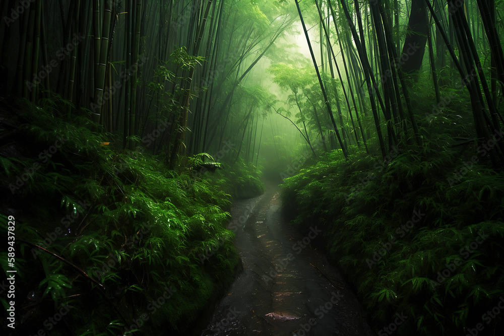 Large bamboo forest in mountain road after the rain, tropical landscape, dirt path road in the jungle, generative ai