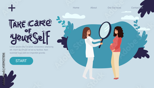 Pregnant woman at the doctor s appointment. A woman expecting a baby visits a doctor s office, examination during pregnancy. Flat vector illustration in cartoon design.