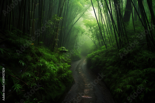 Large bamboo forest in mountain road after the rain  tropical landscape  dirt path road in the jungle  generative ai