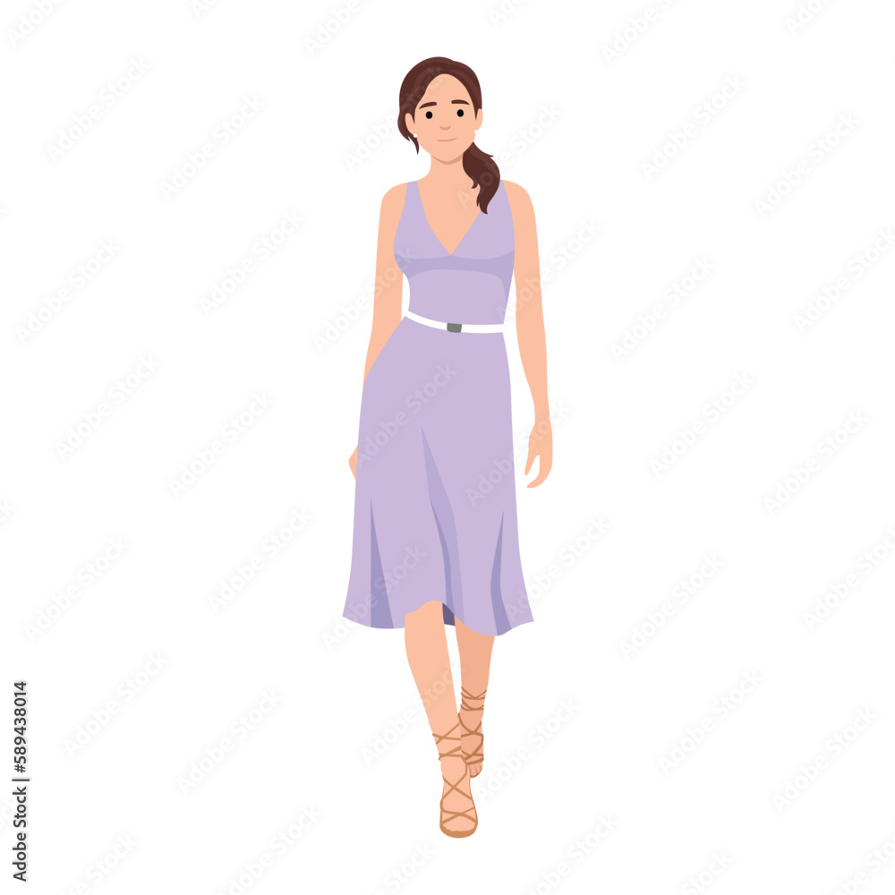 Business red hair woman in short purple or lavender dress walking, low polygonal isolated vector illustration, fashion model catwalk, front view. Business red hair woman in short purple or lavender dress walking, low polygonal isolated vector illustration, fashion model catwalk, front view.