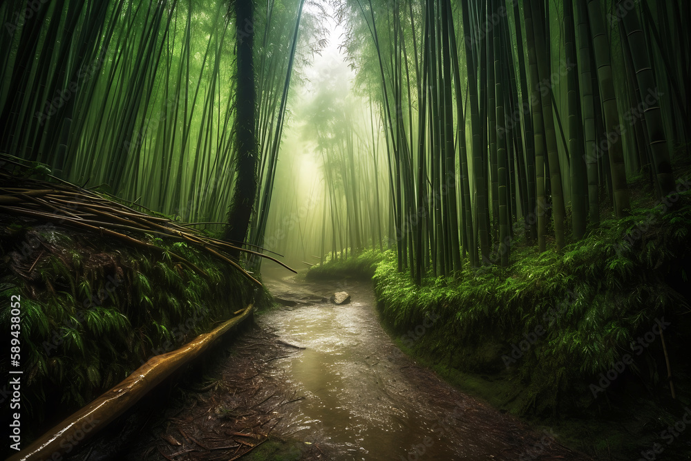 Large bamboo forest in mountain road after the rain, tropical landscape, dirt path road in the jungle, generative ai Large bamboo forest in mountain road after the rain, tropical landscape, dirt path road in the jungle, generative ai