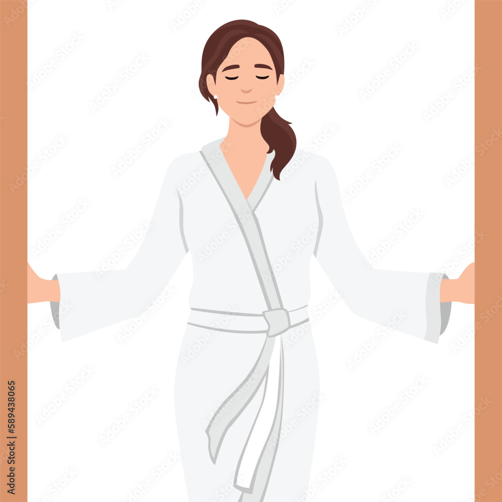 Woman in white coat comes out of shower with satisfied expression feels relieved and gratification. Girl in bathrobe while visiting SPA center looks forward to pleasant procedures