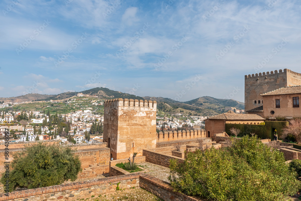 Photographs taken from various angles of the Al-Hamra palace in Granada, Andalusia, Spain.