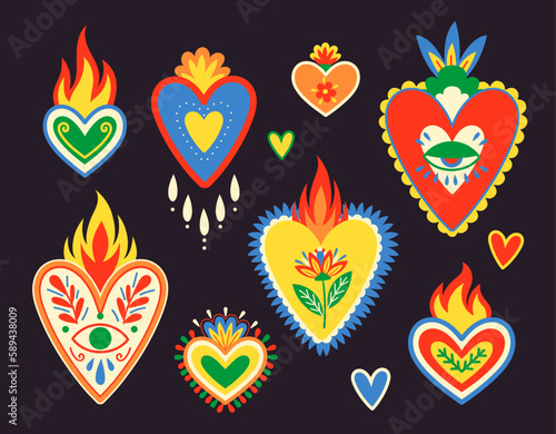Mexican sacred hearts set. Collection of traditional latin american patterns, social media stickers. Dia de los Muertos holiday. Cartoon flat vector illustrations isolated on dark background