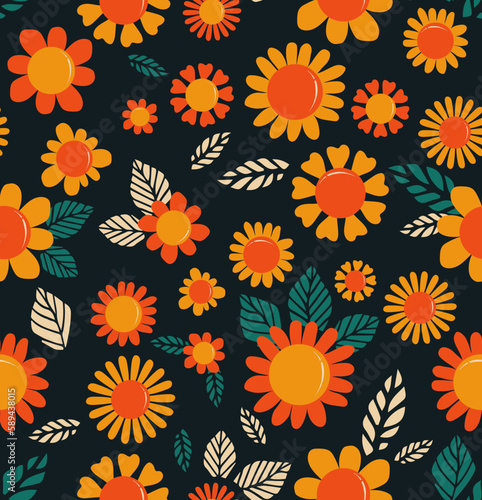 Bright orange flowers on black background seamless pattern vector illustration