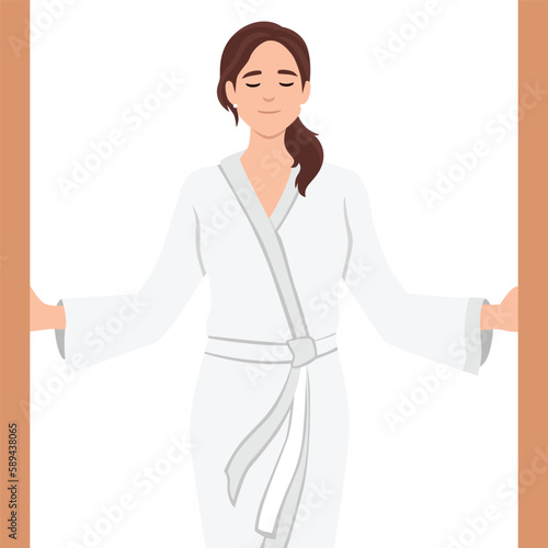 Woman in white coat comes out of shower with satisfied expression feels relieved and gratification. Girl in bathrobe while visiting SPA center looks forward to pleasant procedures