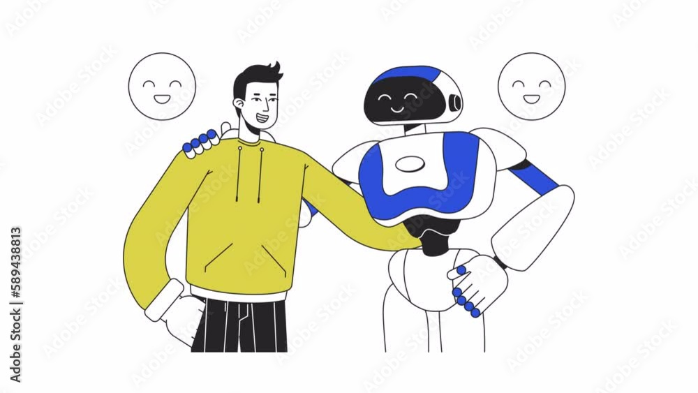Human hugging AI animation. Animated half body man with robot 2D cartoon flat colour line characters. Positive impact 4K video concept footage on white with alpha channel transparency for web design Human hugging AI animation. Animated half body man with robot 2D cartoon flat colour line characters. Positive impact 4K video concept footage on white with alpha channel transparency for web design