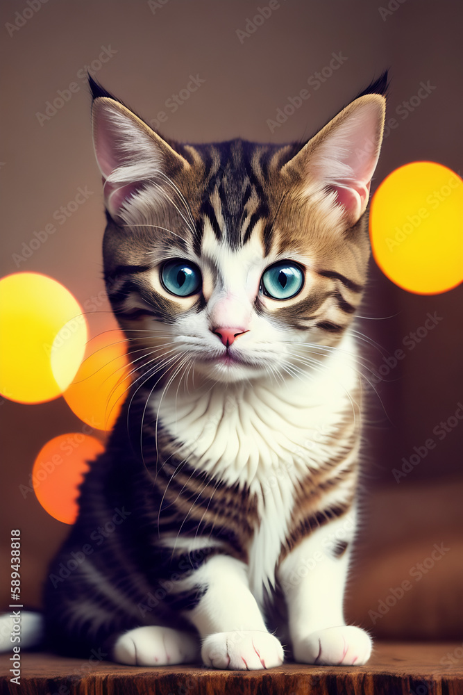 Portrait of a adorable cat, funny and cute face closeup, isolated on beautiful bokeh background, created with generative ai

