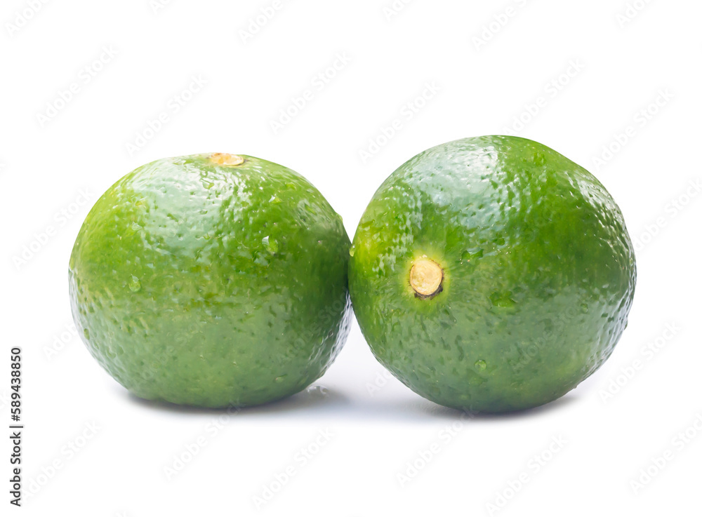 Two green lemon fruits with some drop on them isolated on white background with clipping path and shadow in png format Two green lemon fruits with some drop on them isolated on white background with clipping path and shadow in png format