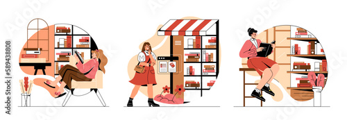 Reading book set. Collection of scenes with young girls reading. Love for literature and education. Textbook, poetry and fiction. Cartoon flat vector illustrations isolated on white background