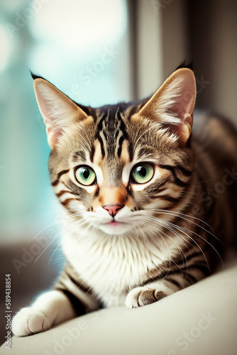 Portrait of a adorable cat, funny and cute face closeup, isolated on beautiful bokeh background, created with generative ai 