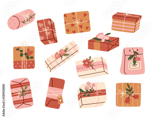 Romantic presents set. Collection of stickers for social networks. Gifts in wrapping papper for valentines day and wedding anniversary. Cartoon flat vector illustrations isolated on white background