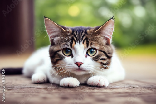 Portrait of a adorable cat, funny and cute face closeup, isolated on beautiful bokeh background, created with generative ai 