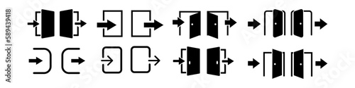 Login and logout icons. Set of sign out. Open and close door symbol. Flat design.