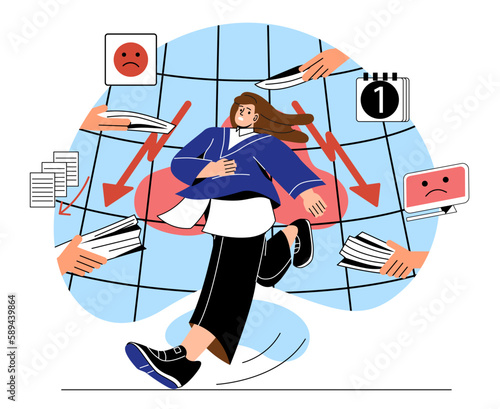 Stressing person concept. Woman with negative emotions runs away from people with papers and documents. Overworked and tired worker. Pressure and panic, frustration. Cartoon flat vector illustration