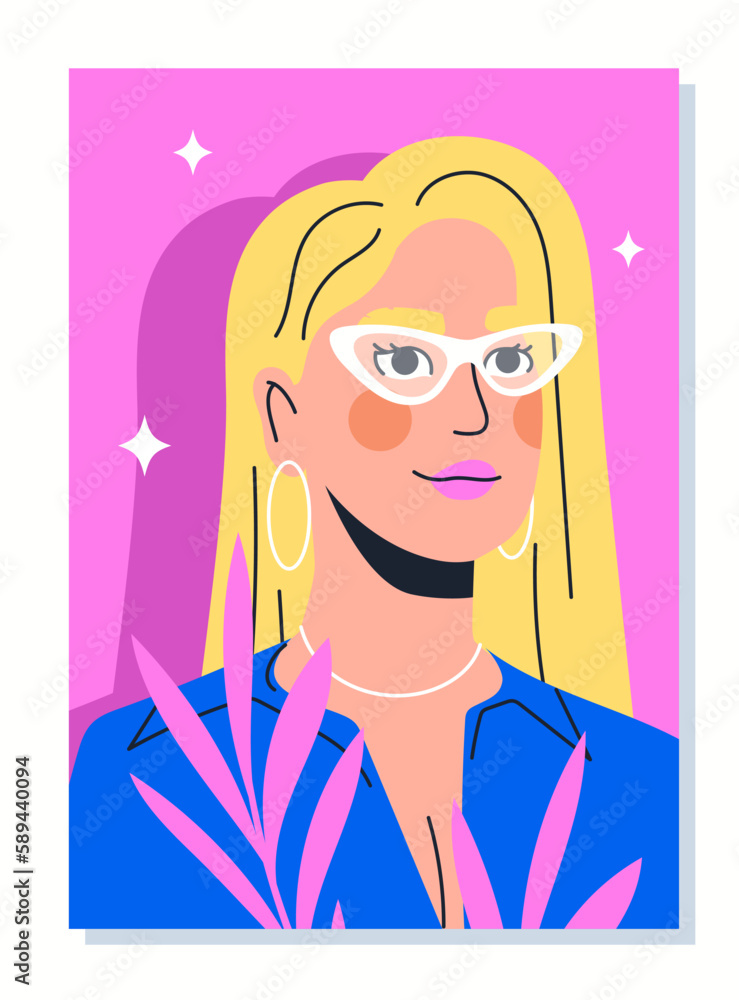 Trendy fashion portrait. Cute blonde in glasses and blue jacket on pink background. Model with jewelry for trendy magazines. Aesthetics and elegance. Cartoon flat vector illustration Trendy fashion portrait. Cute blonde in glasses and blue jacket on pink background. Model with jewelry for trendy magazines. Aesthetics and elegance. Cartoon flat vector illustration