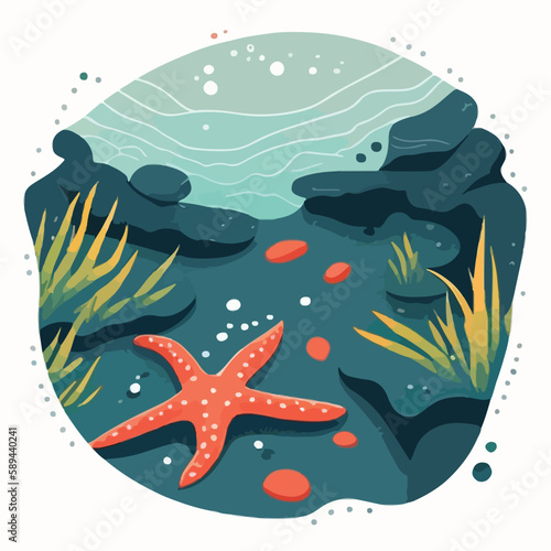 Starfish in tide pool. Underwater fish and sea creatures in natural habitat. Flat vector illustration concept