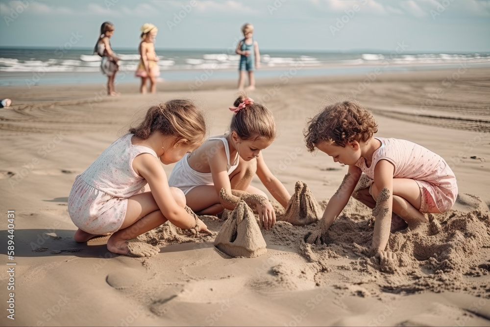 Group of happy children building sand castle on beach. Selective focus. Generative AI