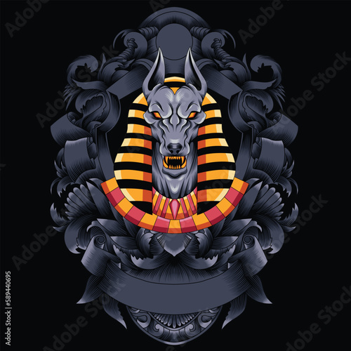 anubis illustration with baroque ornament