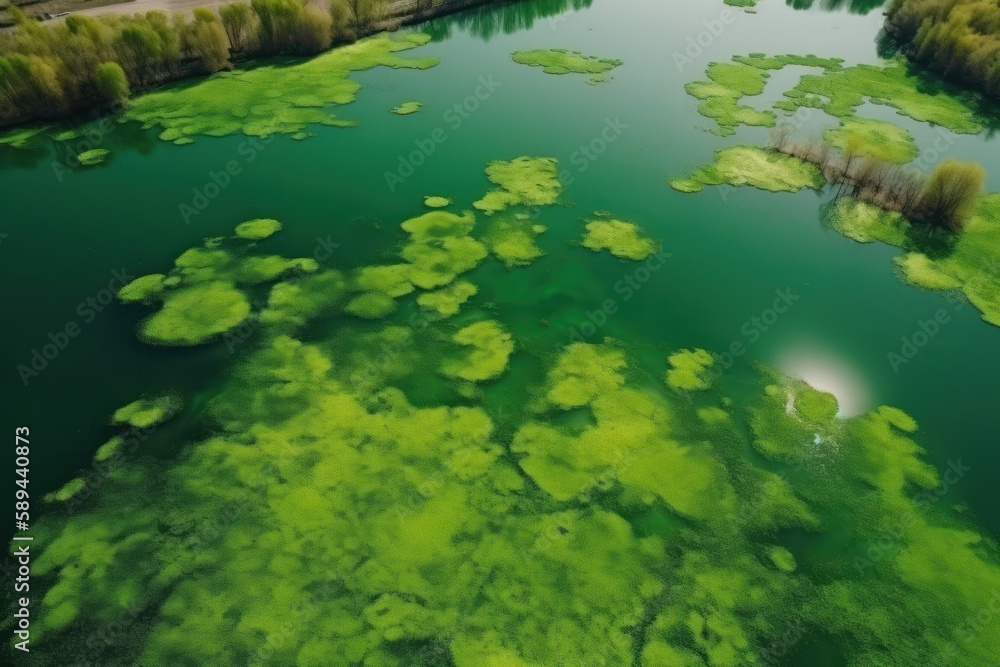 Bird eye view of amazing blooming algae on green river. Earth day concept. Generative ai. Bird eye view of amazing blooming algae on green river. Earth day concept. Generative ai.
