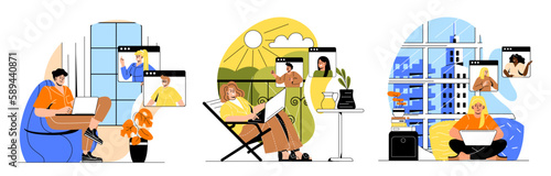 Working at home set. Collection of men and women with laptops in apartment. Distance learning, education and making money online. Cartoon flat vector illustrations isolated on white background