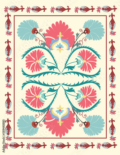 Beautiful flowers from Suzani carpet - a traditional home interior element in Uzbekistan. Textile industry product. Using now for creating ethnic style interiors. 