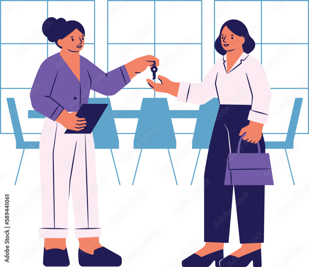 Real estate agent giving keys to young woman. Young woman buying a new house, flat vector illustration. Real estate agent giving keys to young woman. Young woman buying a new house, flat vector illustration.