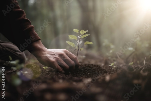 Hand for planting trees back to the forest. Creating awareness for love wild. Wild plant concept. Generative ai.