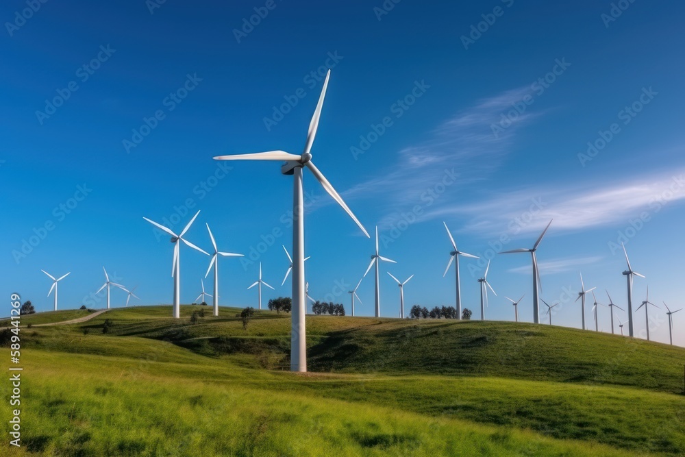 Wind turbine on grass field landscape. World environment and earth day concept. Generative ai. Wind turbine on grass field landscape. World environment and earth day concept. Generative ai.