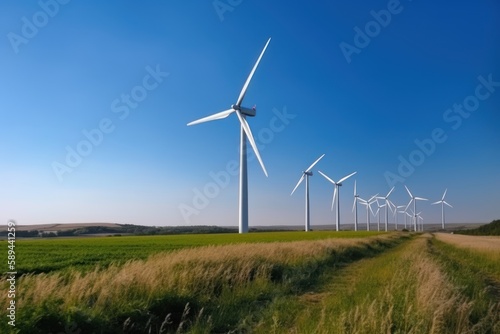 Wind turbine on grass field landscape. World environment and earth day concept. Generative ai.