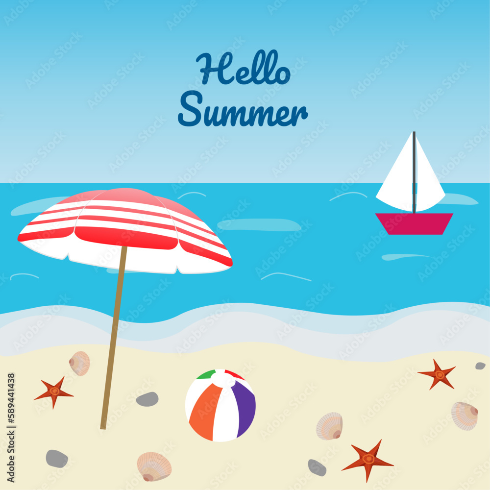 Sea, ocean shore in summer on a hot sunny day. Blue water, waves, beige, golden sand, red yacht, red sun umbrella, multi-colored ball, scallop shells, starfish and blue inscription, Hello summer.