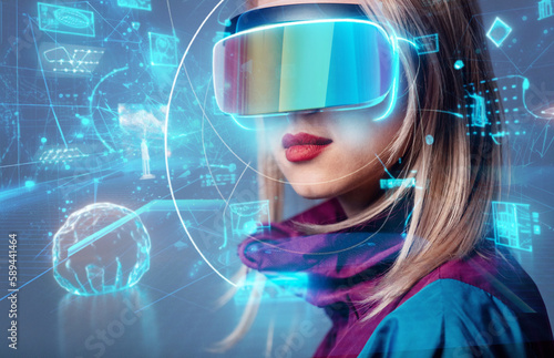 Woman in futuristic glasses on grey background