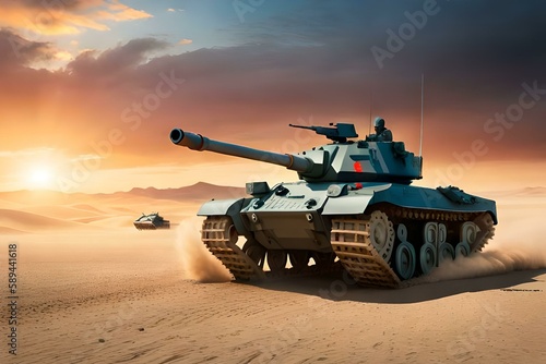 armored tank crosses a mine field during war invasion epic scene of fire and some in the desert, wide poster design with copy space area