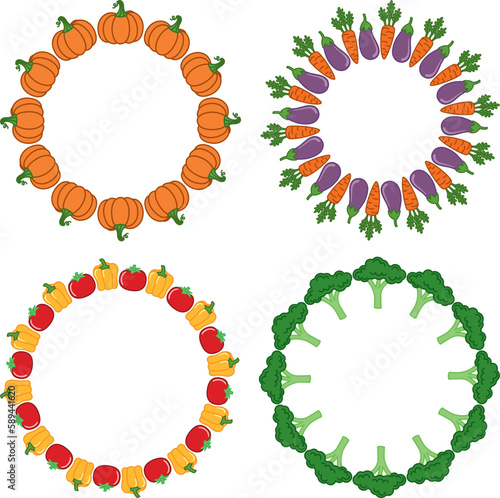 Set of four color vector frames of vegetables in doodle style. Cute cartoon round frames made of tomatos, broccoli, pumpkins, pepperі, eggplants
