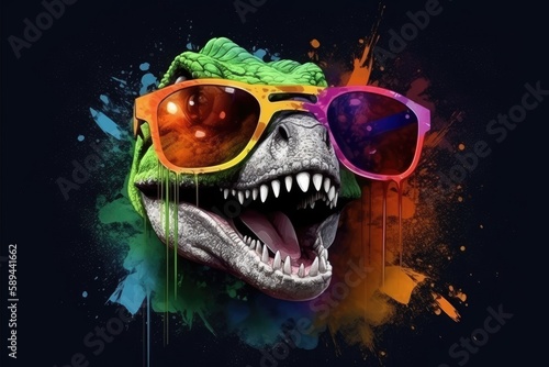 T-rex in sunglasses realistic with paint splatter abstract 